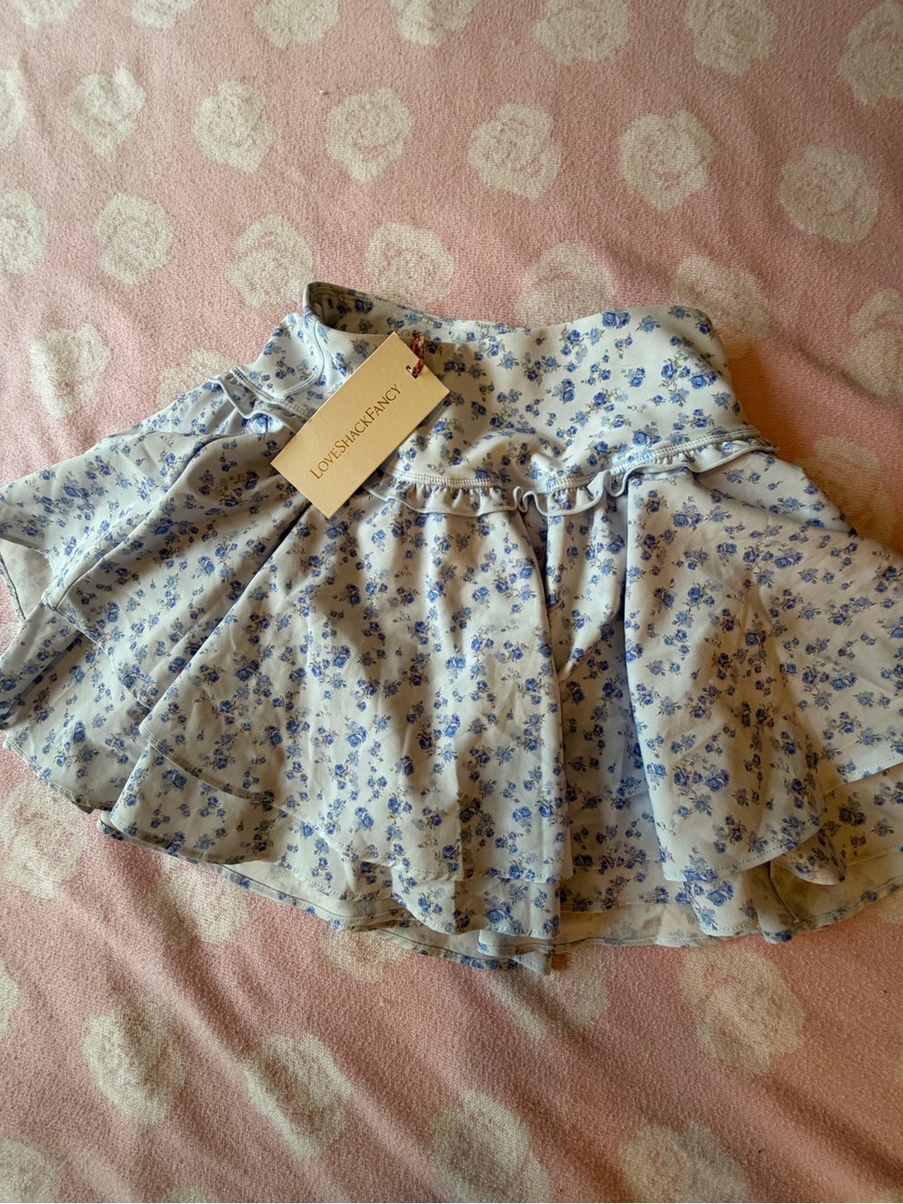 LoveShackFancy Light Blue Floral Tiered Skirt